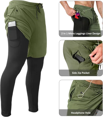 Miniatura 3 de OEBLD Pantalones deportivos 2 en 1 para hombre, de secado rápido, pantalones cortos de entrenamiento para gimnasio, pantalones de compresión