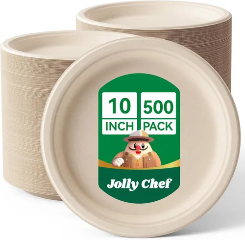 Miniatura 13 de JOLLY CHEF Platos compostables resistentes de 10 pulgadas [paquete de 125] Platos desechables ecológicos blancos hechos de bagazo biodegradables