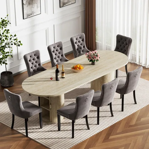 Miniatura 19 de Mesa de comedor redonda extensible con base de almacenamiento, mesa de comedor expandible natural de 63 a 94 pulgadas para 10 personas, mesa
