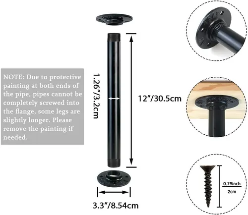 Miniatura 2 de GeilSpace Patas de mesa de tubo industrial de 12 pulgadas, patas de escritorio de metal negro rústico con bridas resistentes, juego de 4 para mesa