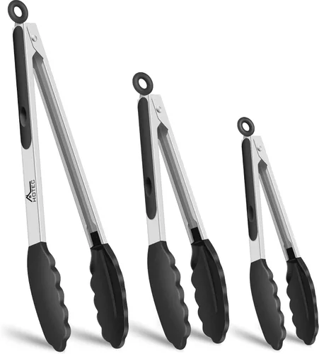 Miniatura 25 de HOTEC Pinzas de Cocina Premium de Acero Inoxidable con Bloqueo con Puntas de Silicona, Juego de 2-9" y 12" Gris Claro Paquete de 2: gris claro