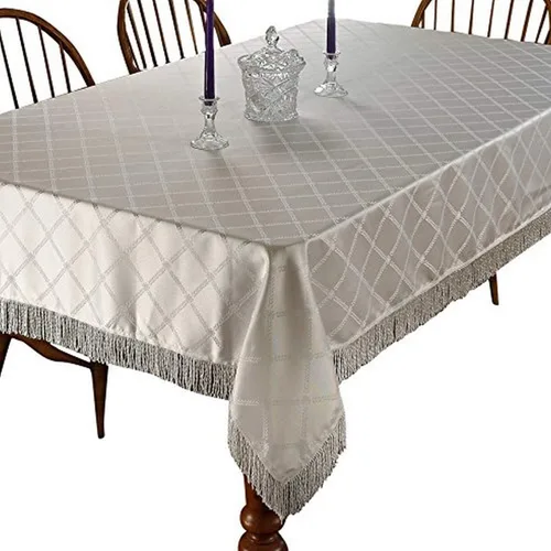 Miniatura 5 de Violet Linen Mantel con flecos con diseño de damasco de diamante, color beige, cuadrado de 54 x 54 pulgadas