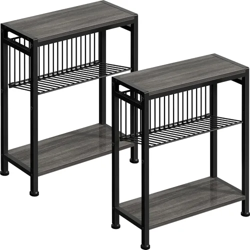 Miniatura 20 de Mesa auxiliar pequeña para espacios pequeños, mesa auxiliar estrecha de 3 niveles con portarevistas, mesita de noche delgada, mesa delgada para Gris