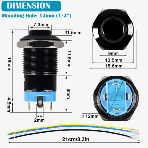 Miniatura 3 de 2 interruptores de botón de metal con pestillo de 0.472 pulgadas, cabeza elevada de 12 V-24 V, 4 pines de encendido y apagado, 1 no, carcasa negra