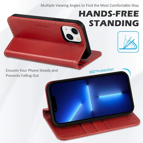 Miniatura 5 de SHIELDON Funda tipo cartera para iPhone 13 de 6.1 pulgadas, estuche tipo folio de piel auténtica con función atril y bloqueo RFID, ranuras para Rojo