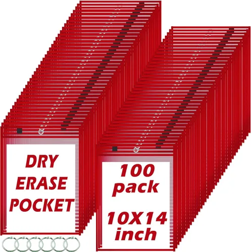Miniatura 13 de Oleitodh - 100 paquetes de fundas de bolsillo reutilizables de borrado en seco extragrandes con 6 anillas, 20 colores surtidos 10x14 para boletos