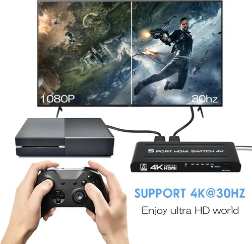 Miniatura 3 de Conmutador HDMI 4K 5 en 1 salida, caja selectora de conmutadores HDMI de 5 puertos con control remoto IR e interruptor automático, compatible