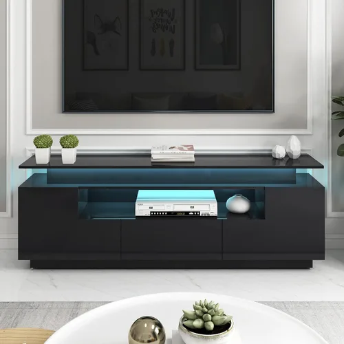 Miniatura 14 de Soporte de TV versátil de alto brillo con luces LED que cambian de color y 2 estantes de vidrio templado, centro de entretenimiento para televisores