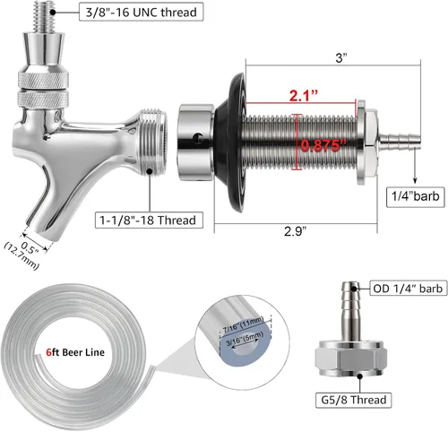 Miniatura 3 de Kit de grifo de vástago de cerveza de barril de cerveza de 3 pulgadas, vástago de grifo de cerveza de cierre automático, llave de piezas