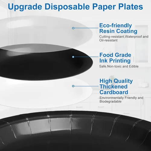Miniatura 5 de Black Paper Party Plates Supplies 400GSM -100pcs - 50 x 10 Dinner Plates and 50 x 8 Dessert Plate,Suitable for Birthday,Family Negro