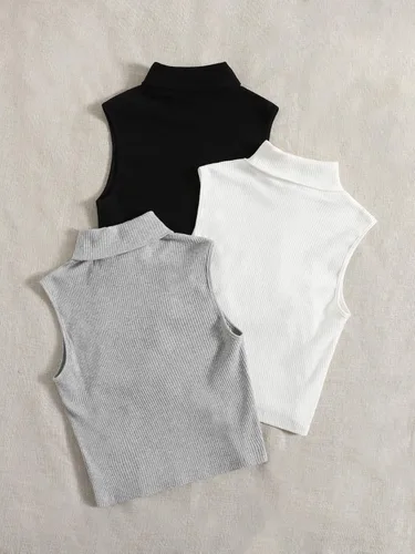 Miniatura 2 de SheIn Camiseta sin mangas con cuello de tortuga para mujer, 3 piezas, sin mangas, de punto acanalado