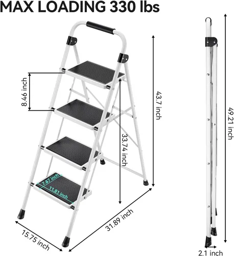 Miniatura 6 de KINGRACK - Escalera plegable de 4 escalones con pasamanos, para adultos, de acero resistente, ligera, plegable, portátil, con pedal ancho Blanco