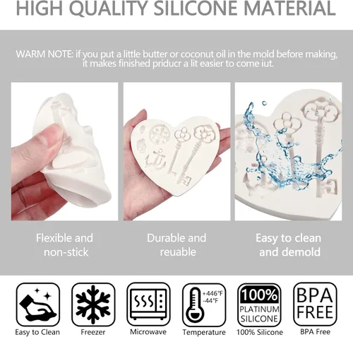 Miniatura 6 de Moldes de fondant para llaves de 2 piezas, molde de silicona para decoración de pastel de calavera de corazón para el día de San Valentín, H-31