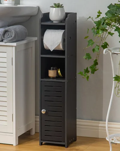 Miniatura 7 de AOJEZOR - Soporte de papel higiénico: gabinete pequeño de almacenamiento para baño - Negro - Bambú Blanco/Bambú