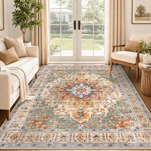 Miniatura 59 de Alfombra de Área 5x7 Alfombras Vintage: Alfombra Medallón Lavable para Interiores de Pelo Bajo Desgastada Alfombra de Piso Alfombras de Acento Retro