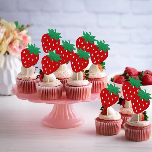 Miniatura 3 de 24 piezas de adornos para cupcakes de fresa, purpurina roja, temas de frutas, bayas y fresas, para verano, dulces, baby shower, fiesta