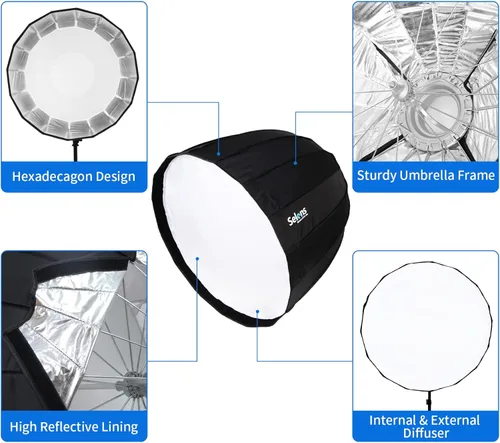 Miniatura 2 de Selens Parabolic Deep Softbox de 27.5 pulgadas / 27.6 in hexadecágono plegable rápido paraguas softbox con soporte Bowens Speedring para estudio