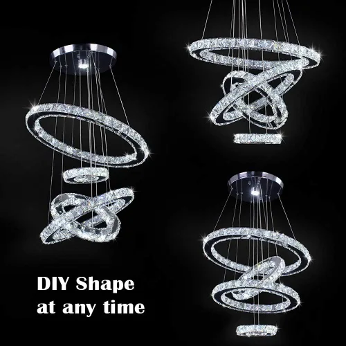Miniatura 3 de Candelabro LED moderno contemporáneo de 2 anillos, luz colgante ajustable de acero inoxidable y cristal, accesorio de iluminación de techo