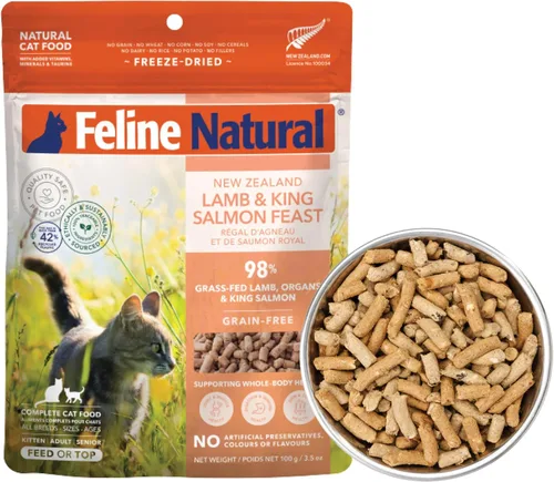Miniatura 11 de Alimento para gatos seco de alta proteína de Feline Natural, dieta liofilizada con 98% carne, órganos y mariscos, sin guisantes, granos o aditivos