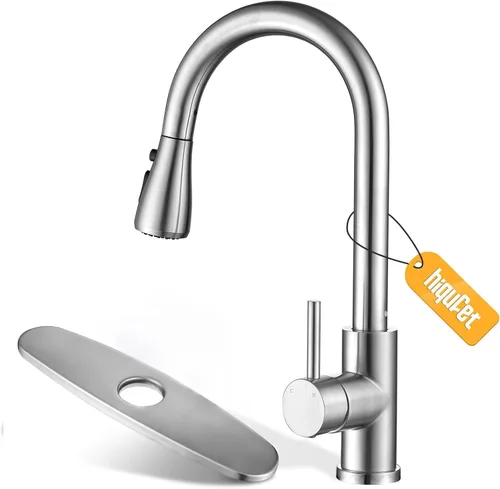 Hiqufet Grifo de fregadero de cocina con rociador desplegable con placa de cubierta, grifo de arco alto de níquel cepillado, grifos modernos de