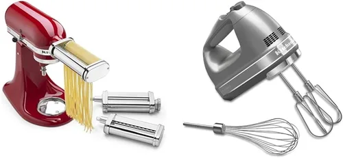 KitchenAid - Rodillo y cortador de pasta KSMPRA KHM7210, juego de 3 piezas, acero inoxidable y batidora de mano de 7 velocidades, color plateado