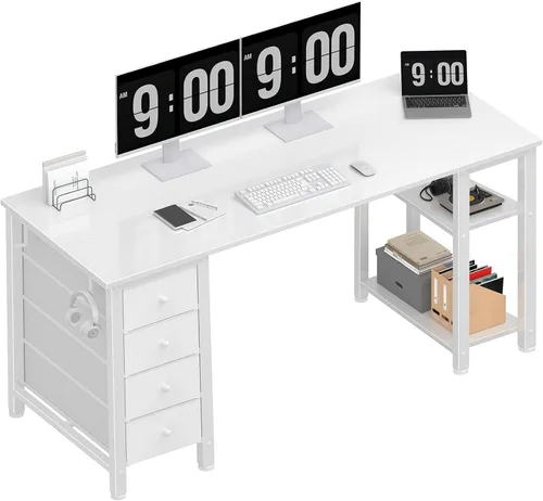 Miniatura 12 de Lufeiya - Escritorio de computadora de 55 pulgadas con 4 cajones de tela y estantes de almacenamiento, escritorio de escritura, trabajo y estudio