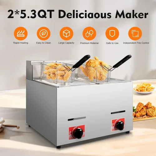Miniatura 2 de Freidora comercial de doble tanque con 2 cestas y tapas, cada tanque de capacidad óptima de 6 litros/6.34 cuartos de galón, freidora eléctrica