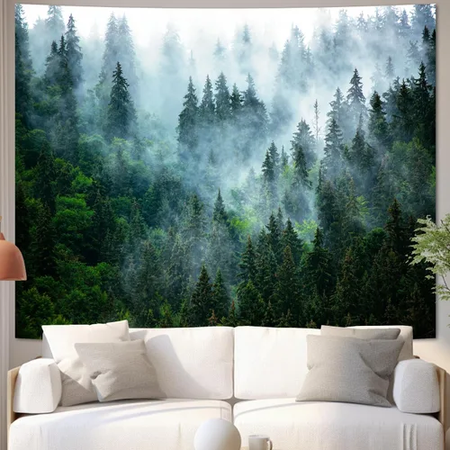Miniatura 12 de Atrippy Tapiz verde de naturaleza forestal para dormitorio, paisaje brumoso, telón de fondo para colgar en la pared, mural de pared grande, tapices