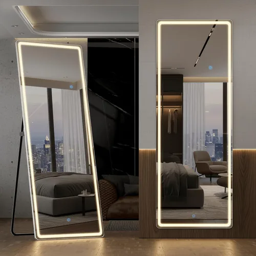 Miniatura 13 de Espejo arqueado de cuerpo entero con luces LED, espejo de piso de 60"x16" con soporte, espejos corporales de piso con atenuación e iluminación de 3