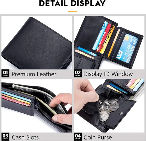 Miniatura 4 de OFAMOUS Cartera de cuero para hombre con bolsillo para monedas, ventana de identificación abatible, bloqueo RFID, billetera delgada con bolsillo
