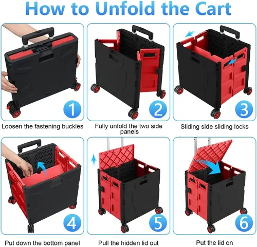 Miniatura 5 de Carrito de Compras Utilitario Plegable Portátil Rodante Caja con Carretilla de Mano con Rueda Giratoria de 360°, Tapa Oculta, Mango Telescópico Rojo
