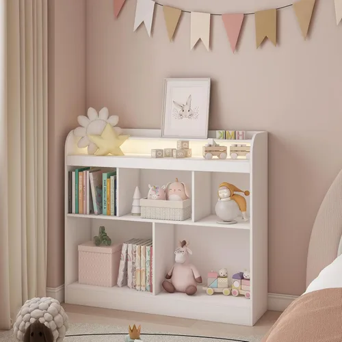 Lkeiyay Estantería abierta para niños, organizador de juguetes Montessori con luces LED, estantería abierta de madera blanca para niños, dormitorio,