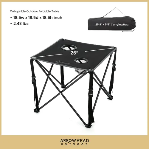 Miniatura 6 de ARROWHEAD OUTDOOR Mesa plegable portátil de 26 pulgadas (26.0 in), 2 portavasos, cuadrado, funda de transporte, marco de acero, lona 600D de alto