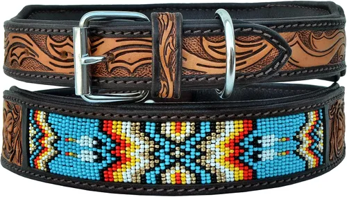 Miniatura 2 de Collar de cuero para perro, estilo occidental, resistente, manual, ajustable, con cuentas y acolchado, suave para cachorros y perros grandes, 10AB011