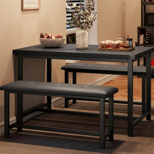 Juego de mesa de comedor IDEALHOUSE para 4, mesa de cocina con banco tapizado, juego de mesa de comedor rectangular de 3 piezas con 2 bancos, para