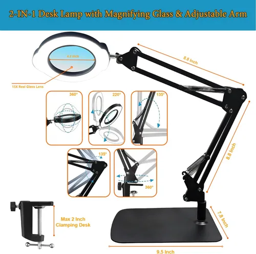 Miniatura 5 de Lámpara de escritorio con lupa de 15X con base de metal, 5 modos de color, 10 niveles de brillo ajustable, brazos de aluminio flexibles giratorios