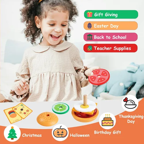 Miniatura 4 de Juguetes Montessori de madera para apilar hamburguesas, juguetes para niños pequeños, educación preescolar, juego de mesa, educación temprana