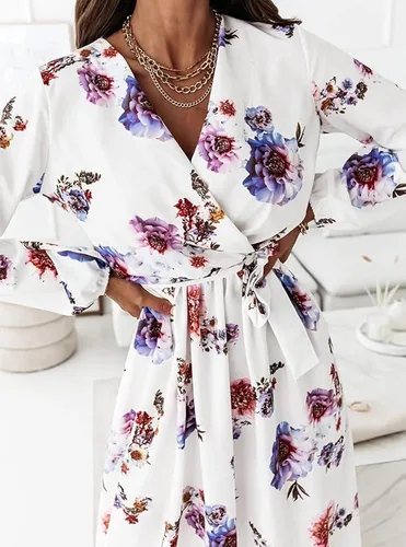 Miniatura 3 de Vestido de verano para mujer, para playa, con estampado floral, cuello en V, manga larga, vintage, con cinturón