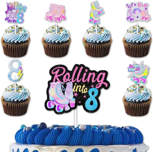 Miniatura 13 de 18 patines con purpurina, 12 piezas de decoración de cupcakes, 1 selección de decoración de pastel para 80 y 90, estilo retro, hip hop, patinaje