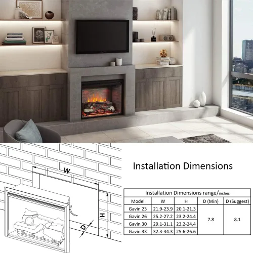 Miniatura 3 de RICHFLAME Gavin 23 Pulgadas Chimenea Eléctrica de Inserción con Tronco y Altavoz, Diseñada para Montaje en Pared, Apertura para Quema de Madera