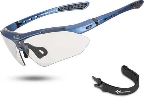 ROCKBROS Photochromic Sports Sunglasses Mens Pickleball Glasses Cycling Glasses MTB Sunglasses, with Removable Elasctic Band Azul