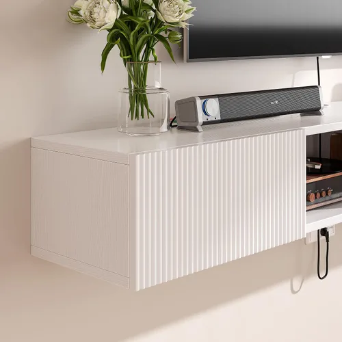 Miniatura 7 de Soporte flotante para TV de madera contrachapada con puertas acanaladas, color blanco, 55 pulgadas Montado en la pared, consola multimedia