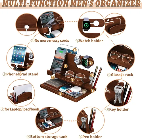 Miniatura 3 de Estación de carga de teléfono de madera - Organizador de carga de mesita de noche y soporte para teléfono celular - Regalo de cabecera para hombres