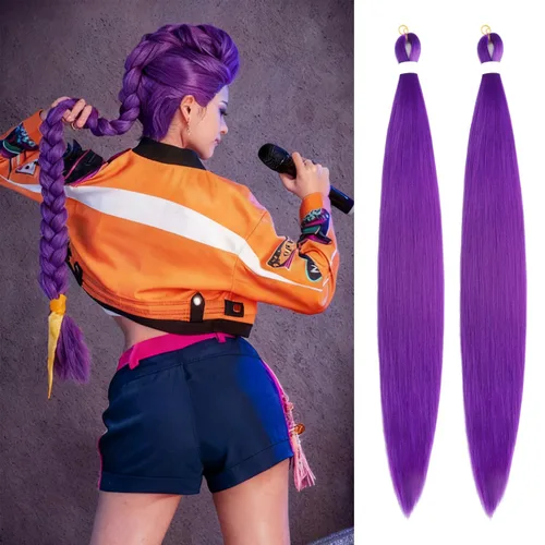 Miniatura 14 de Paquete de 3 extensiones de cabello trenzado de colores de 24 pulgadas, extensiones de cabello sintético para trenzar, morado, verde, amarillo