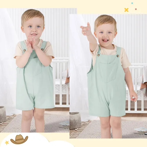 Miniatura 3 de MBMSHEGH Conjunto de ropa de verano para bebé y niño, con parte superior acanalada y tirantes con botones