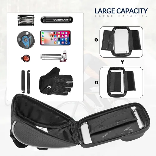 Miniatura 5 de ROCKBROS Bolsa de montaje para teléfono de bicicleta, bolsa para manillar con marco frontal para bicicleta, funda impermeable para teléfono, bolsa