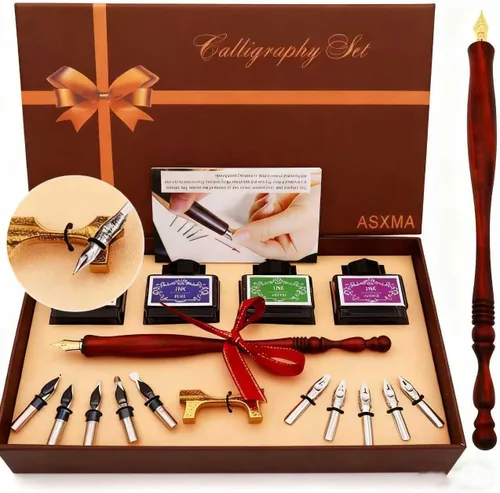 Miniatura 7 de Juego de plumas caligráficas de inmersión con 6 botellas de tinta, Pluma de Ganso, Pluma de Inmersión de Madera, Pluma de Inmersión de Vidrio, Kits