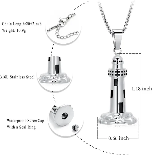 Miniatura 2 de Collar de urna para cenizas para hombre, joyería de cremación, faro, conmemorativo, collar para amantes, soporte para cenizas con kits de relleno