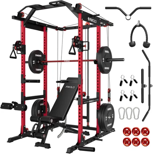 Miniatura 9 de Mikolo Jaula de potencia K6 2.0, estante de alimentación con sistema de cruce de cables, estante para sentadillas de 2000 libras con sistema de Rojo