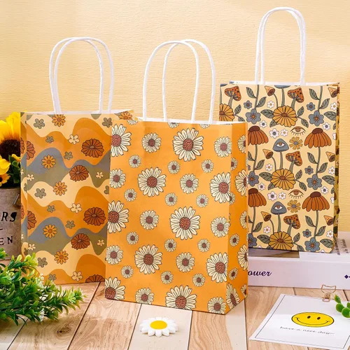 Miniatura 4 de AnyDesign 12 bolsas de regalo de papel floral bohemio retro a granel de margaritas arcoíris con asas, bolsa de dulces vintage para boda, cumpleaños